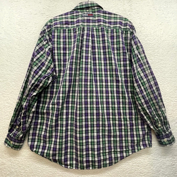 Vintage Tommy Jeans Shirt Mens Large Purple Green Tartan Plaid Button Down Logo - Picture 2 of 12